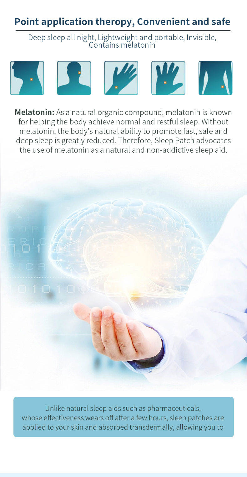 Sleep patch with text about melatonin and sleep aid, featuring a person applying the patch.