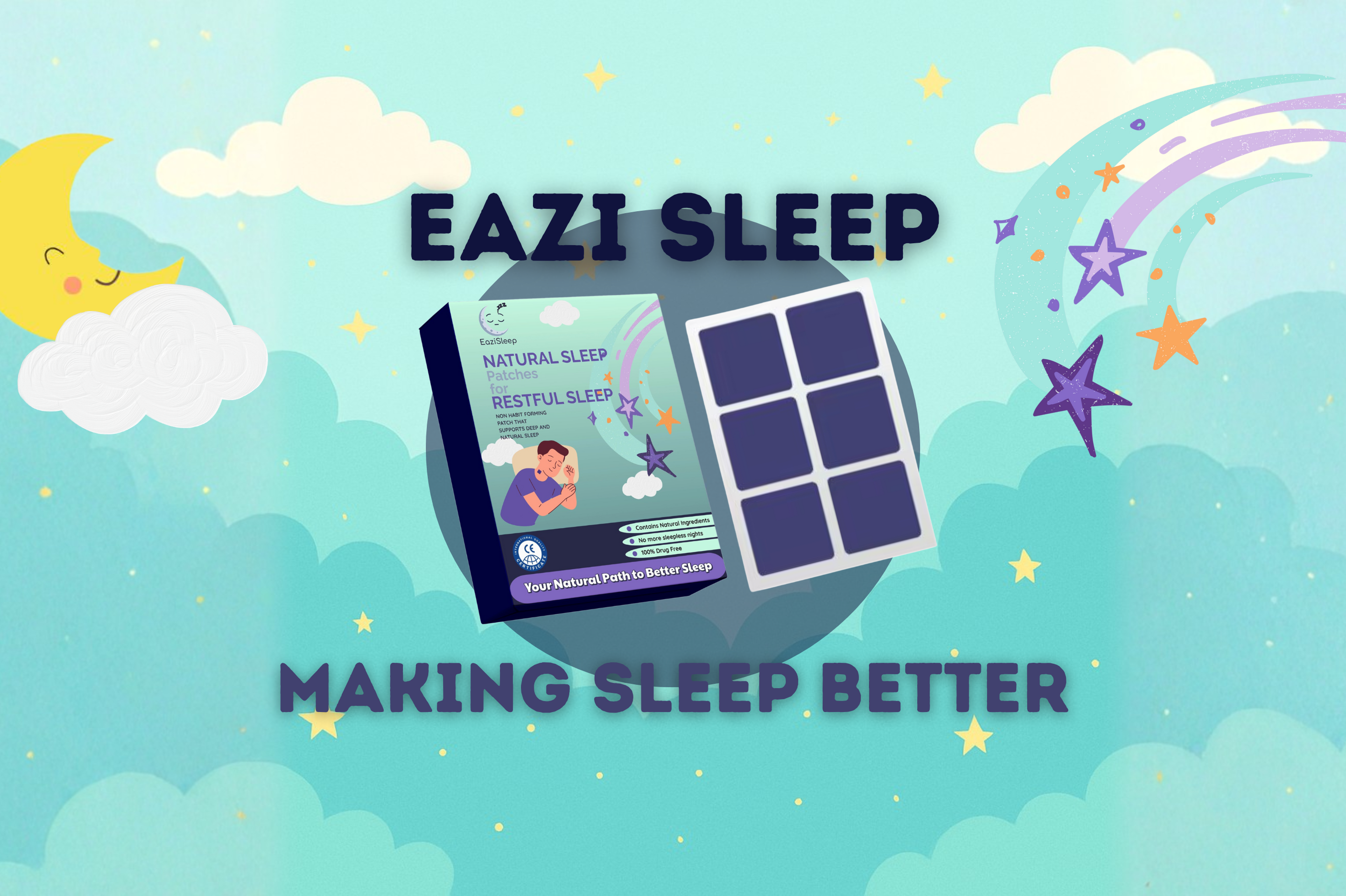 Eazi Sleep product packaging with cartoon characters on a blue background with stars and clouds.