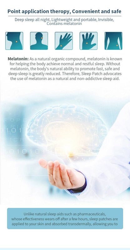 Sleep patch with text about melatonin and sleep aid, featuring a person applying the patch.