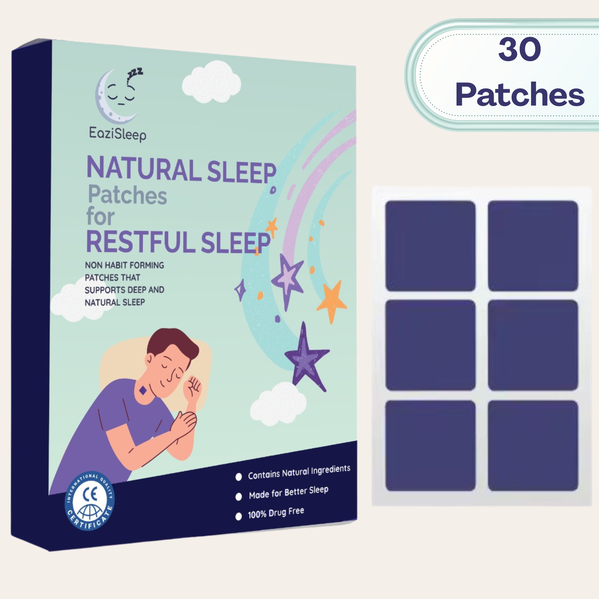 EaziSleep natural sleep patches packaging with illustrations and text on a light background