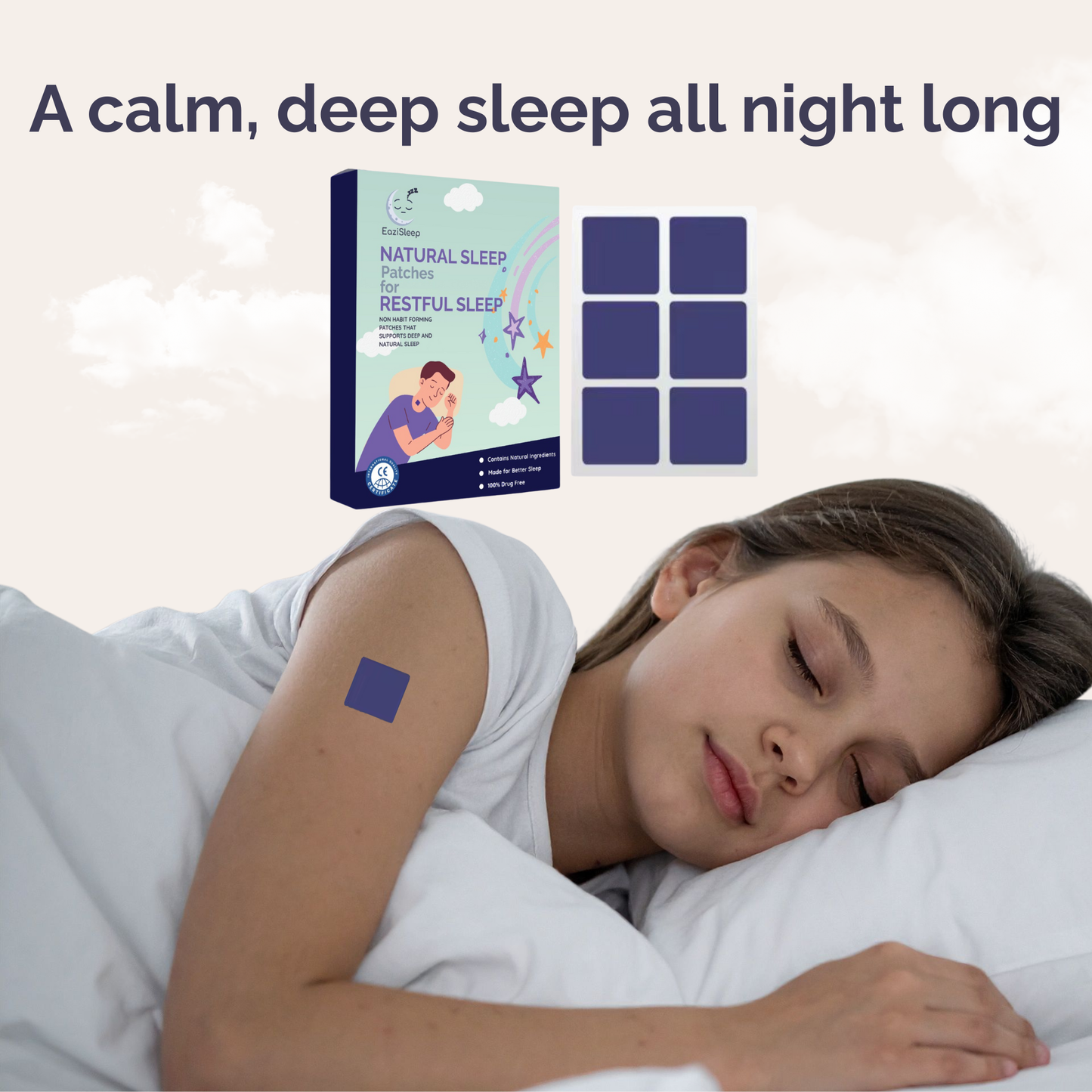 Person sleeping with a patch on their arm next to a product packaging labeled 'Restful Sleep'.