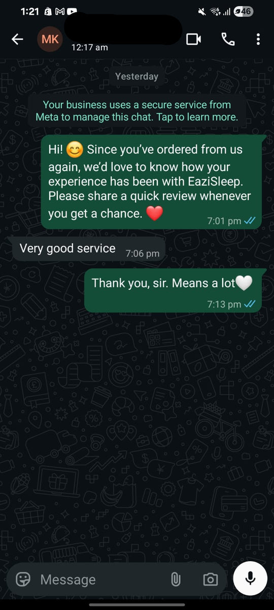 Screenshot of a WhatsApp message from an EaziSleep customer