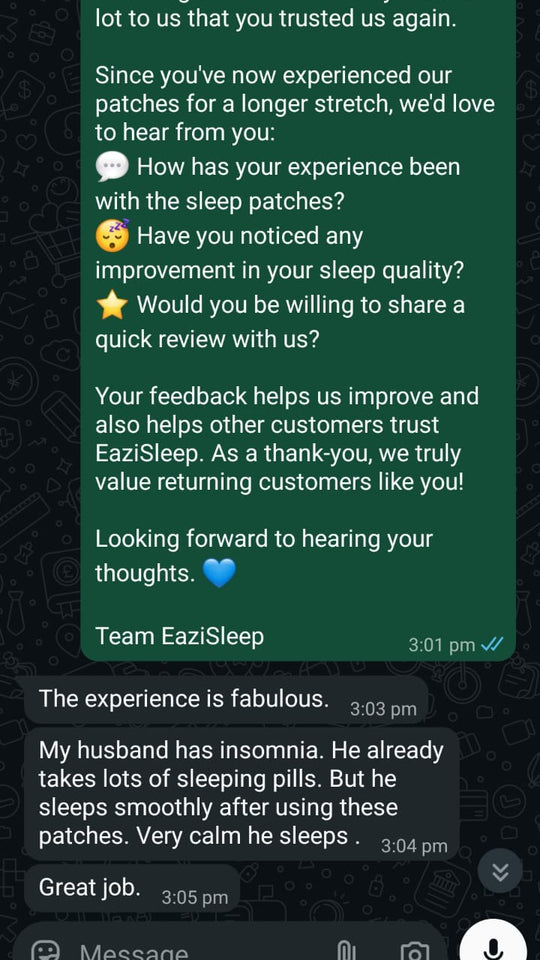 Screenshot of a WhatsApp message from an EaziSleep customer