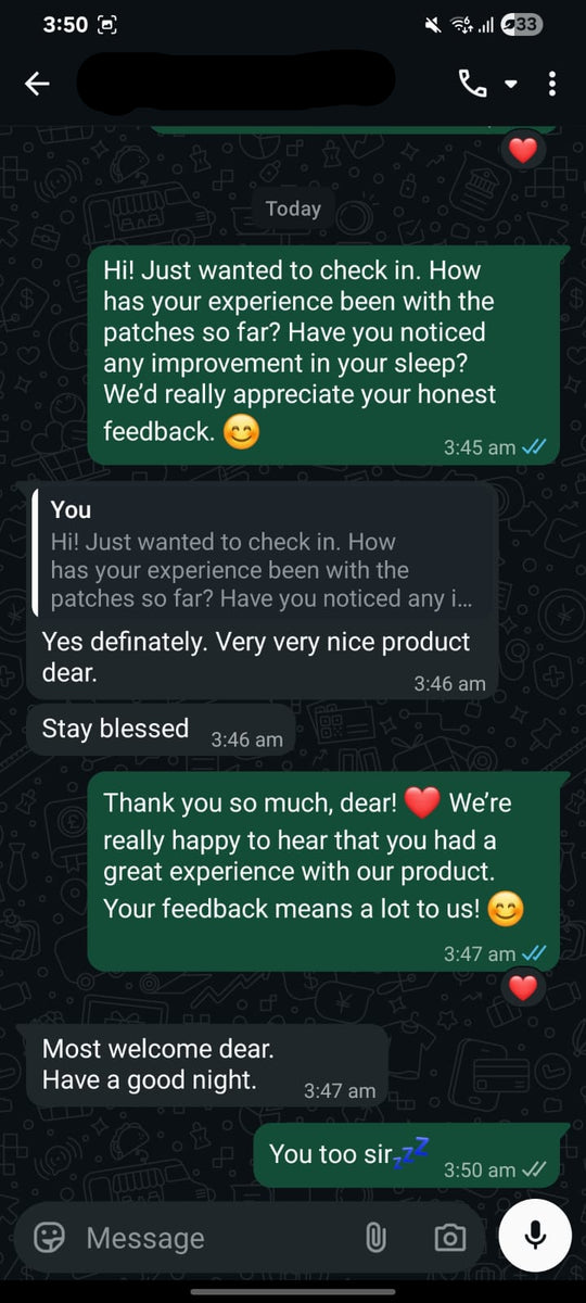 Screenshot of a WhatsApp message from an EaziSleep customer