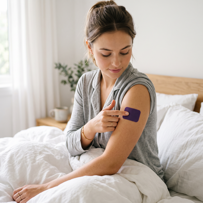 Applying an EaziSleep patch to the upper arm before bed