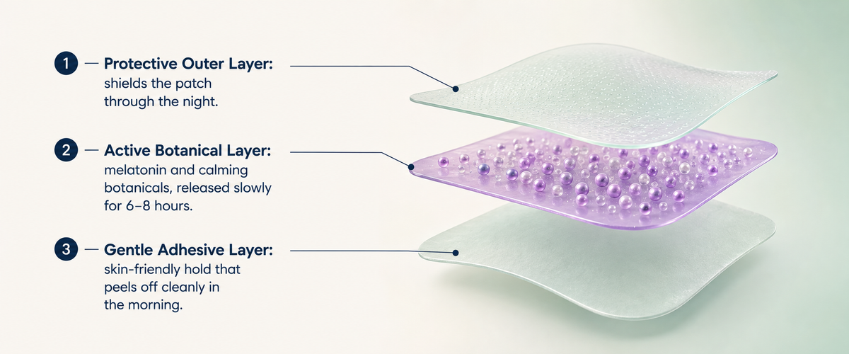 EaziSleep patch layers — protective, active botanical and gentle adhesive layer