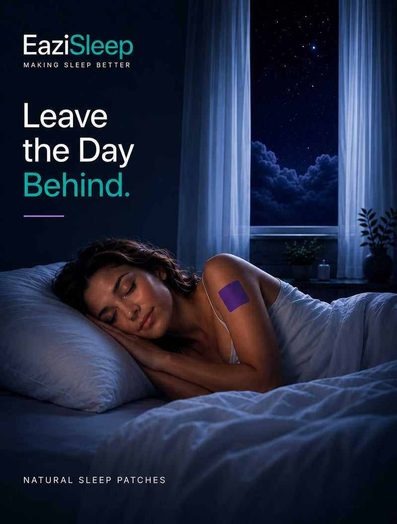 Woman sleeping peacefully wearing an EaziSleep patch on her arm